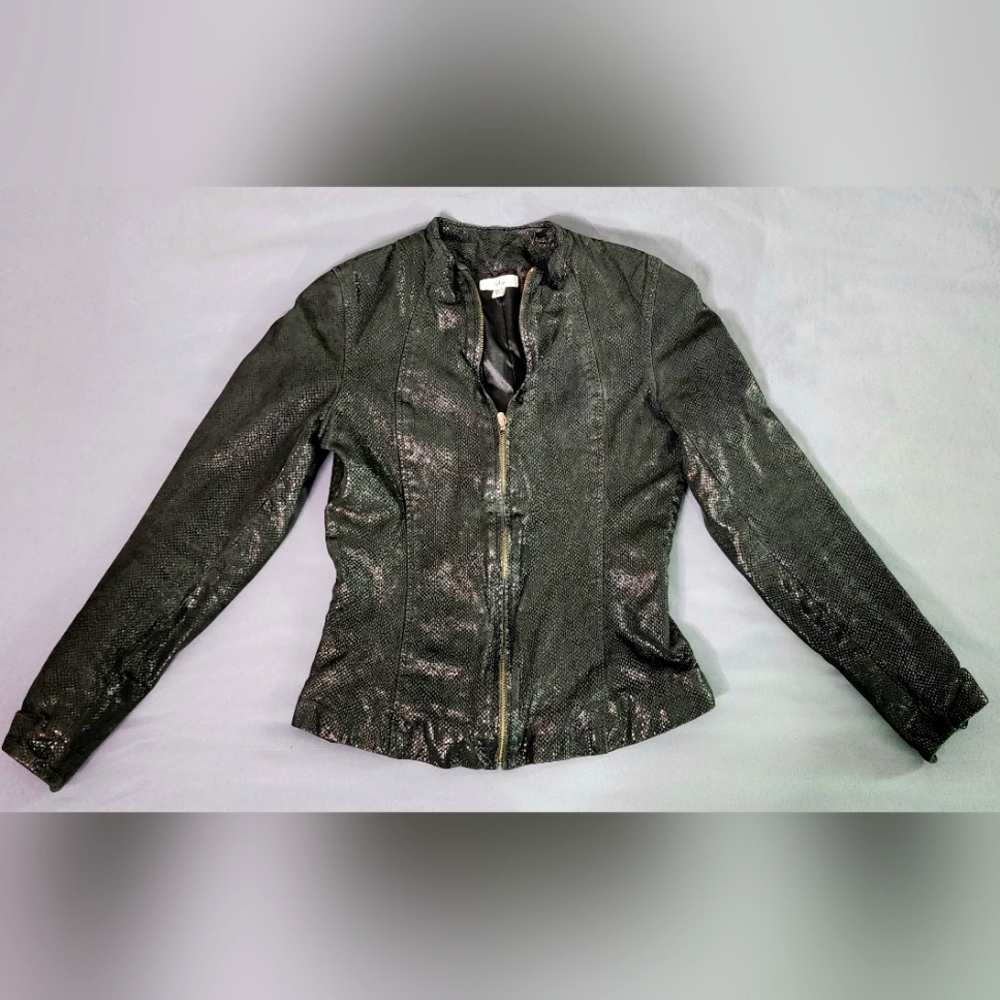 Reba Women's Genuine 100% Leather Front Zip Up Jacket Size 8 Black Snakeskin